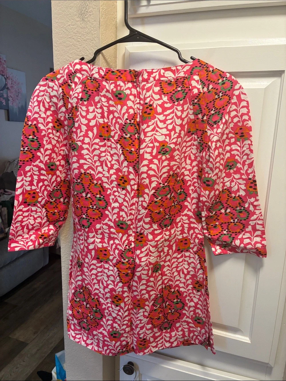 Tory Burch 100% linen Pink abstract Floral Tunic Top with 3/4 sleeves